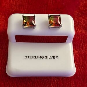 Watermelon tourmaline Sterling Silver Square‎ Stud Earrings